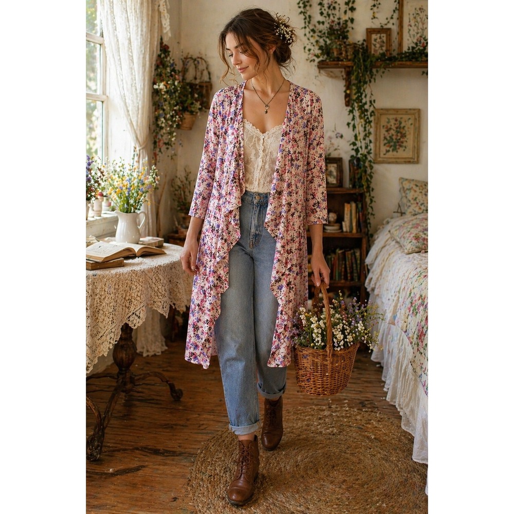Cottagecore Romantic‎ Lace Floral Duster Bohemian Fairy Cardigan Over Size M